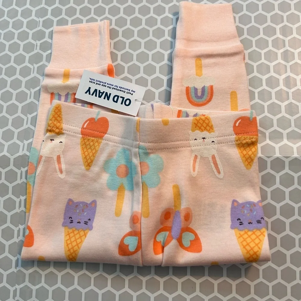 Old Navy Pink Pajama Set with Ice Cream, Bunny & Rainbow Print.    Size 6-12M